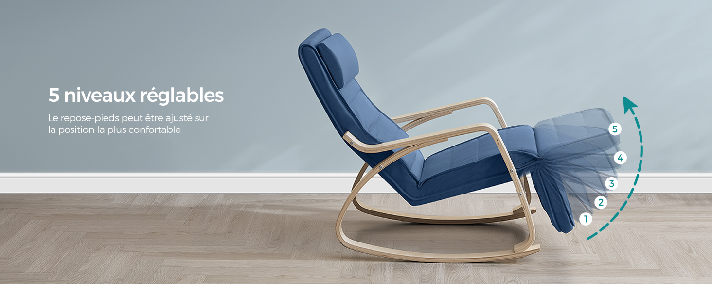 avec revêtement bleu et base incurvée en bois, avec 5 positions d'inclinaison réglables indiquées par des