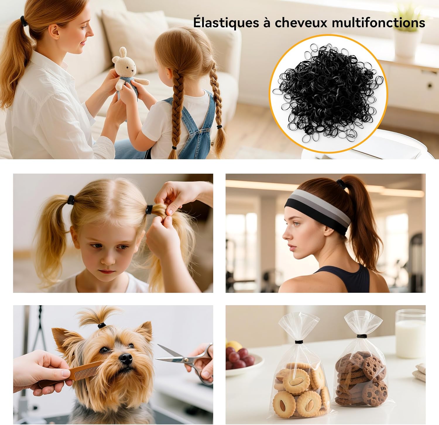 Élastiques cheveux - noirs, 1000pcs, petits, coiffures DIY, tresses