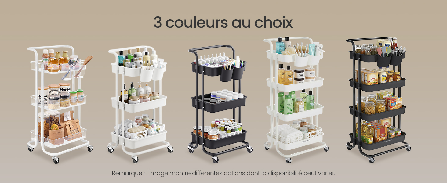 Le texte indique « 3 couleurs au choix ». La gamme de produits comprend cinq chariots de rangement roulants à plusieurs niveaux identiques dans les finitions blanche, verte et noire, chacun avec plusieurs étagères pour l'organisation du rangement.