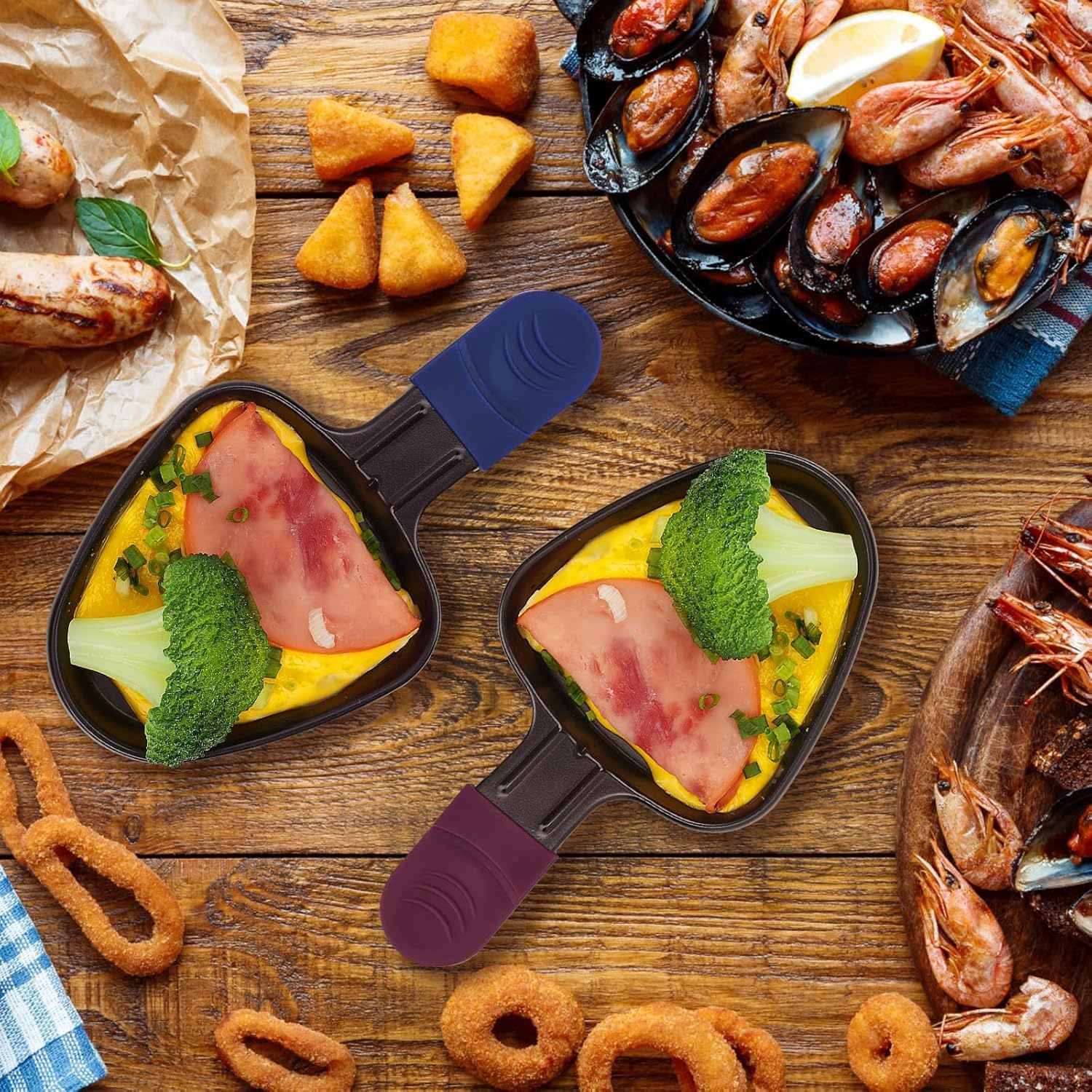 Poêlon à raclette triangulaire, antiadhésif, 18x10cm, 8 mini poêlons et 8 spatules bois