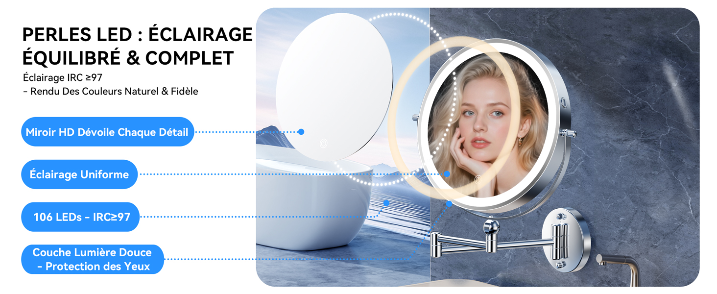 Le texte se lit comme suit : « ÉQUILIBRE & COMPLET ». Interface ou écran d'application teinté en bleu avec des éléments circulaires et des zones de texte.