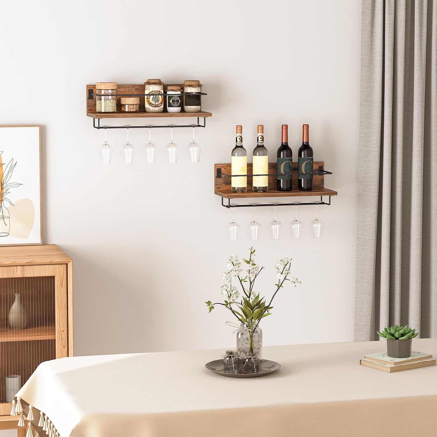 HOOBRO - Porte-bouteilles mural 2 pcs, bois métal, rangement verres, EBF28BJ01