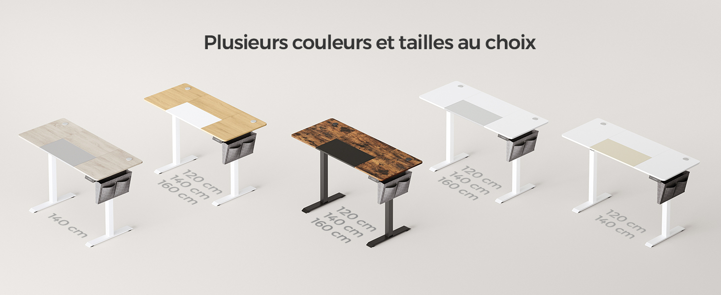 Cinq cadres de bureau réglables en hauteur de différentes couleurs, y compris le blanc, le noir et les tons de bois. Le texte en français indique plusieurs couleurs et tailles disponibles.