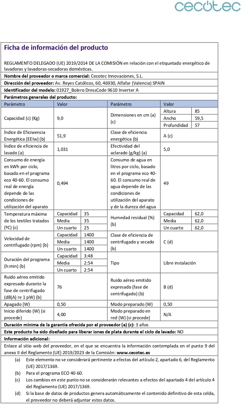 Cecotec - Bolero Dresscode 9610 Inverter - 2000W, 1400 tr/min, 15 programmes, vapeur, optimisation lavage - 9610 Inverte
