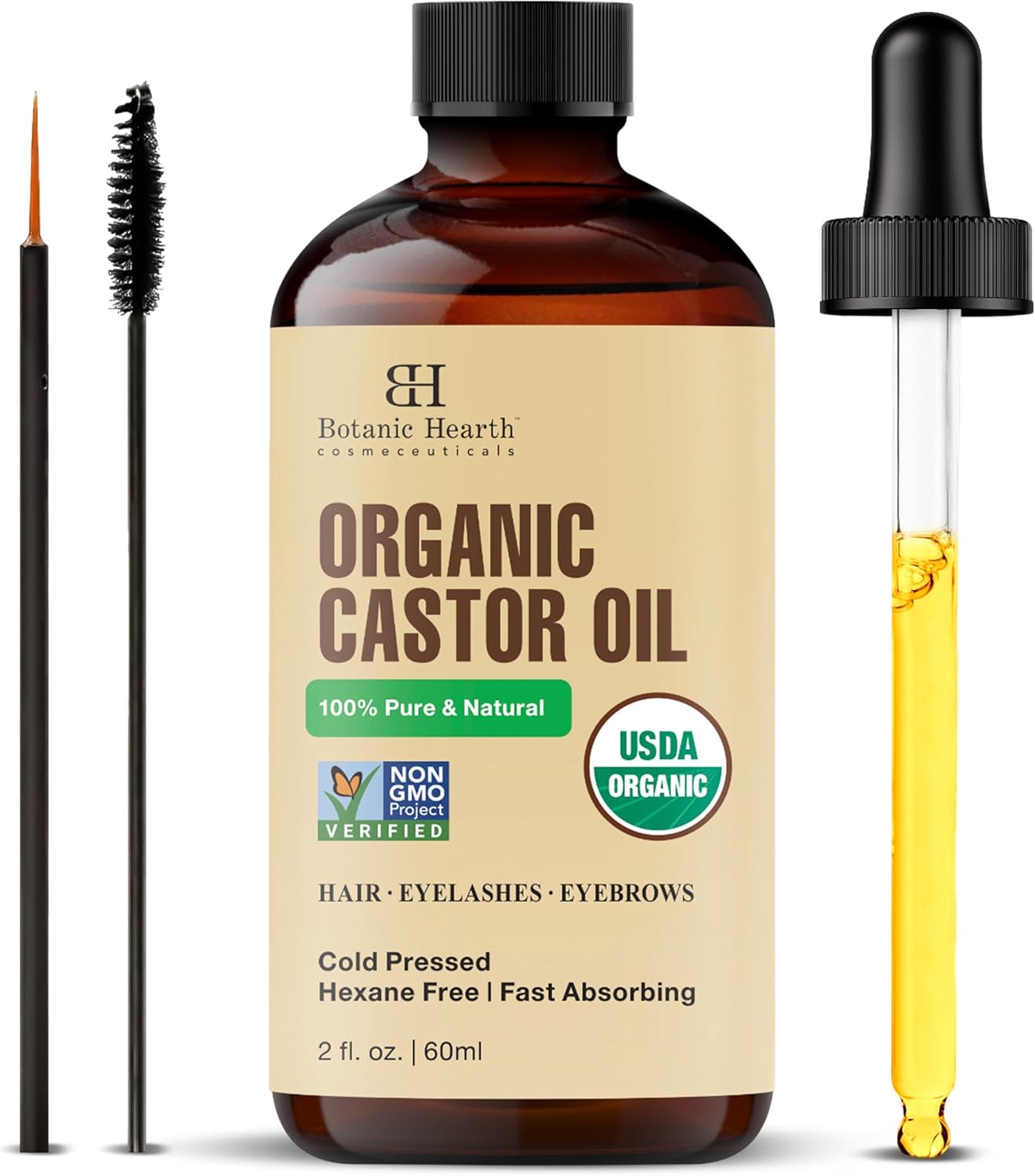 Botanic Hearth - huile de ricin bio 60ml - 100% pure, cold-pressed, avec brosses