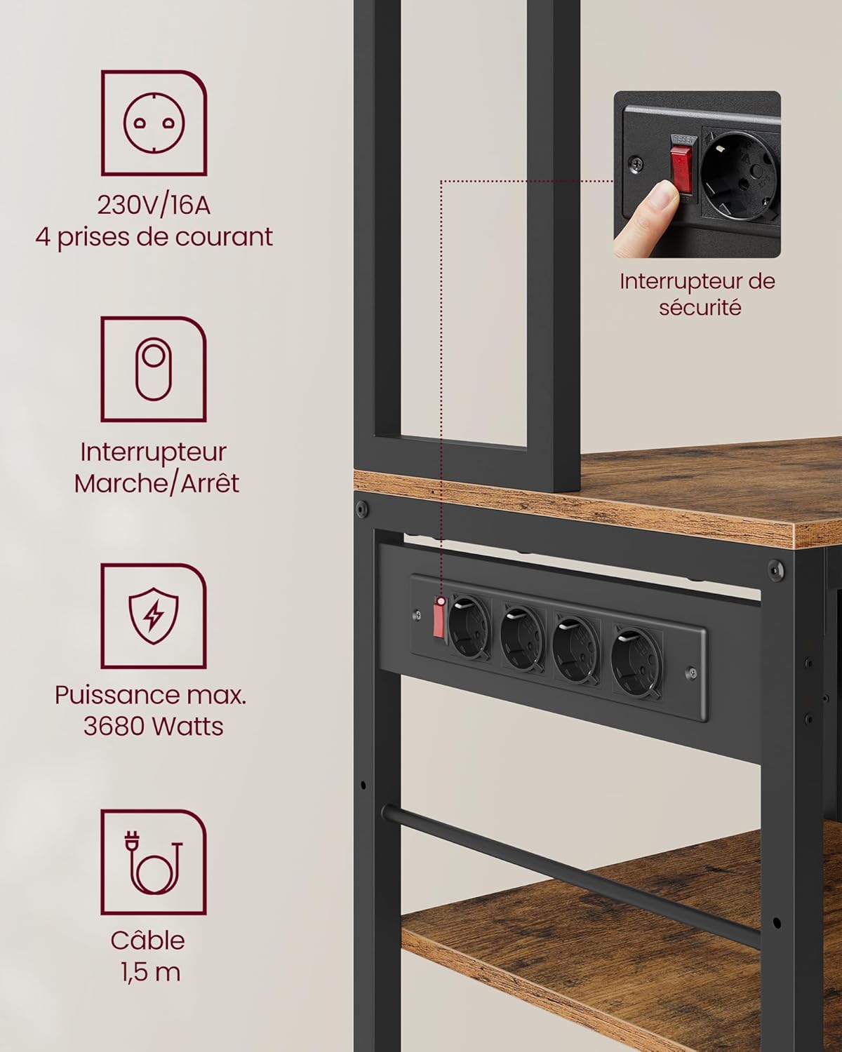 VASAGLE - étagère cuisine série KKS015K03 - 40x80x180 cm - multiprise, étagères réglables, tiroir tissu, 12 crochets