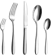 Collection de couverts en acier inoxydable disposés horizontalement, présentant divers ustensiles, notamment des fourchettes, des cuillères et des couteaux, dans un design moderne et minimaliste.