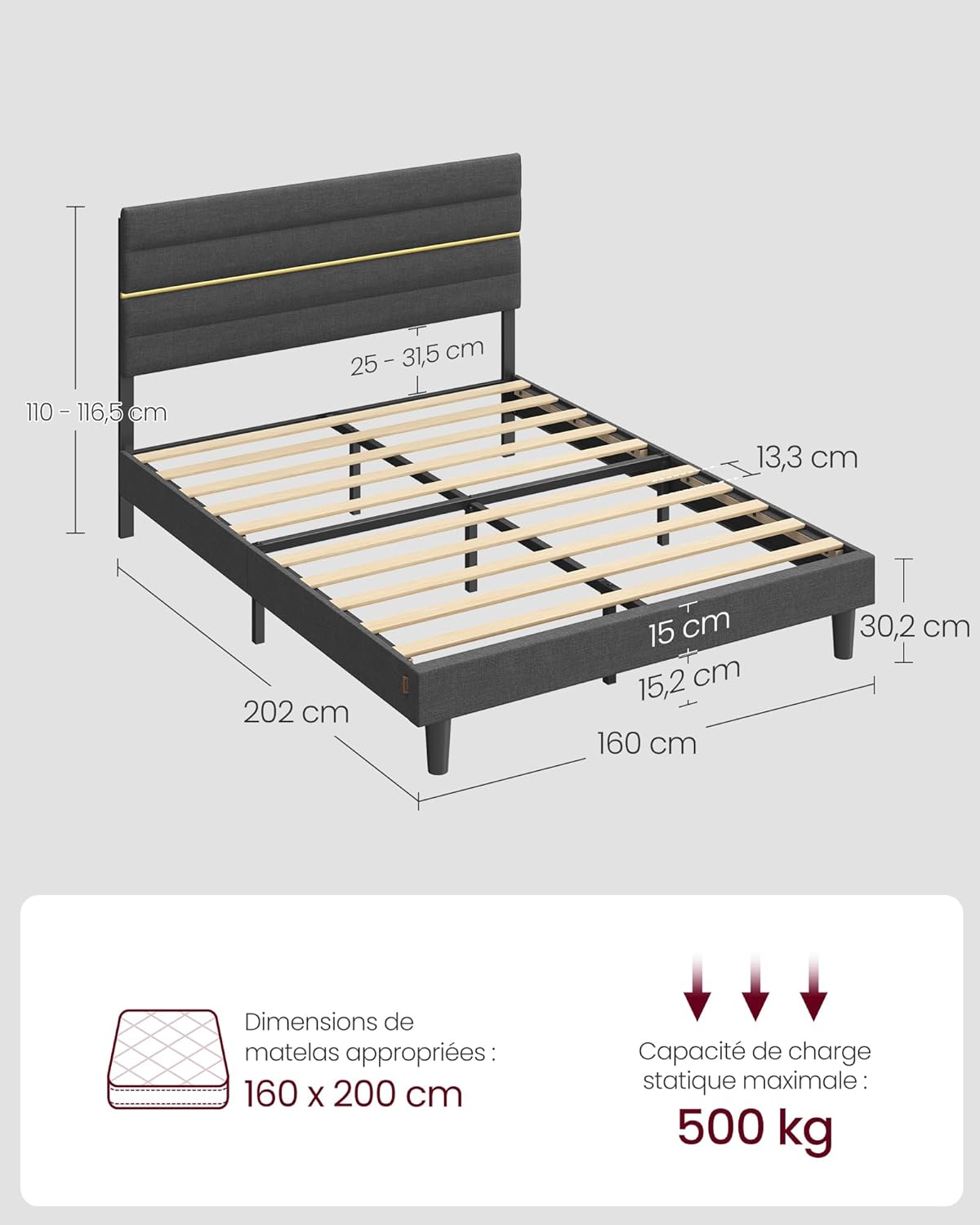 VASAGLE - lit double (série RMB) - 160x200 cm - tête rembourrée, métal, bois massif, gris ardoise - RMB505G01