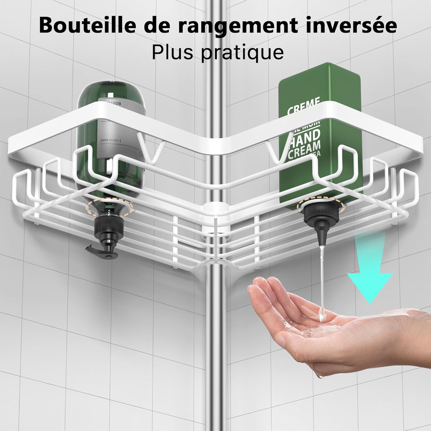 KEGII - étagère de douche 4 niveaux, largeur 63,5-290 cm, blanc brillant, télescopique, sans perçage, rangement avec pan