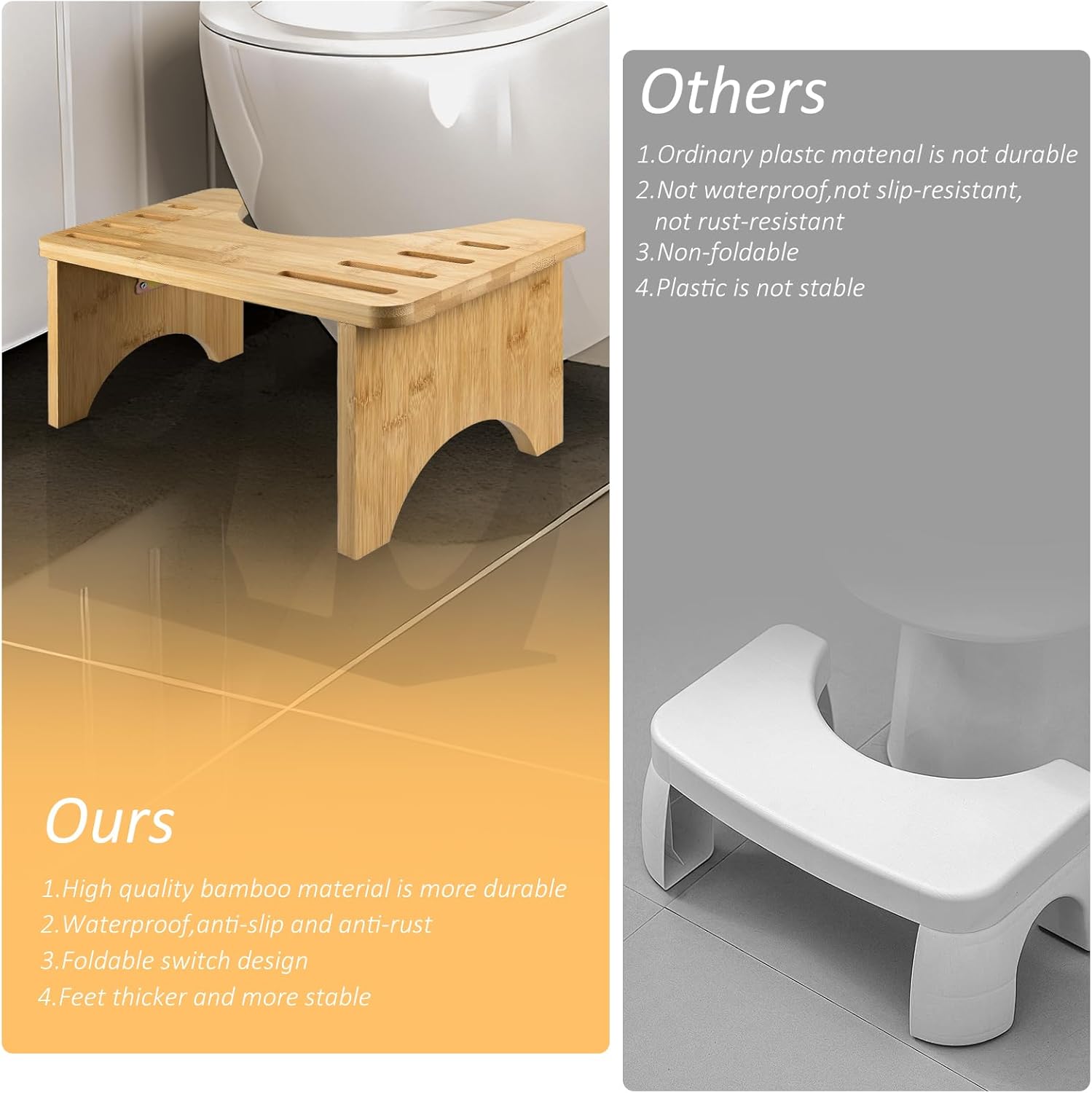 Tabouret de toilette bambou - pliable, ergonomique, portable - confort intestinal
