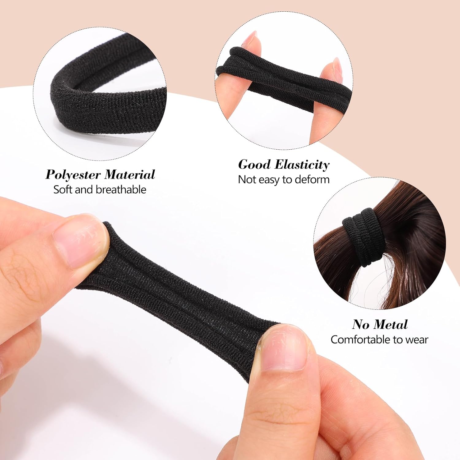 Élastiques à cheveux - lot de 50, 4,5 cm, noirs, sans métal, femmes/hommes/enfants