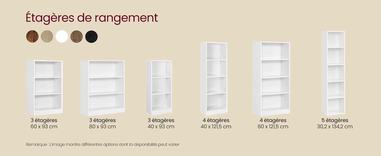 d'étagères de rangement blanches de différentes tailles. Six options présentées, allant de 2 à 5 étagères, avec les dimensions indiquées. Les échantillons de couleurs indiquent plusieurs choix de finitions disponibles.