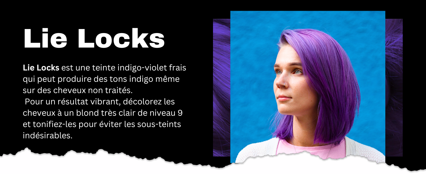 Femme avec une coiffure bob violet vif sur fond bleu. Le panneau de texte décrit la teinture capillaire « Lie Locks » en français, en soulignant sa teinte indigo-violet et ses