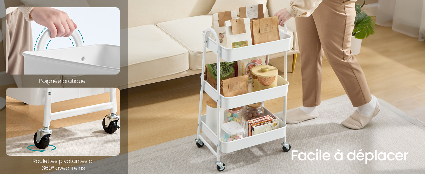 Le texte se lit comme suit : « Facile à déplacer ». Chariot roulant blanc à plusieurs niveaux illustré lors des étapes d'utilisation et d'assemblage, démontrant la mobilité et la fonctionnalité de stockage.