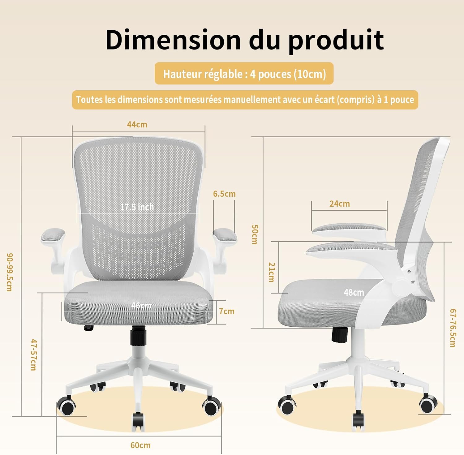 naspaluro - chaise de bureau ergonomique, accoudoirs réversibles, maille respirante, hauteur réglable, soutien lombaire
