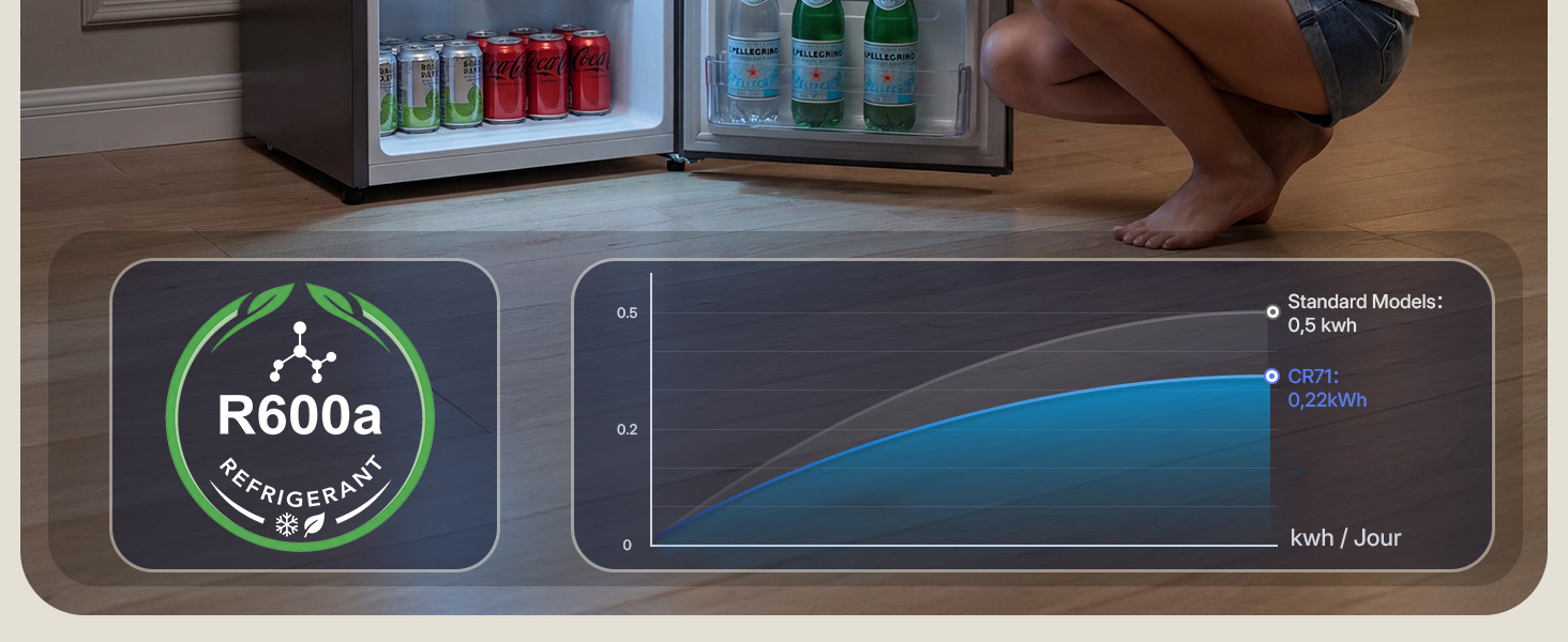 Le texte montre « R600a » avec une icône circulaire verte. Graphique ou graphique technique montrant la courbe de température/refroidissement sur fond sombre.