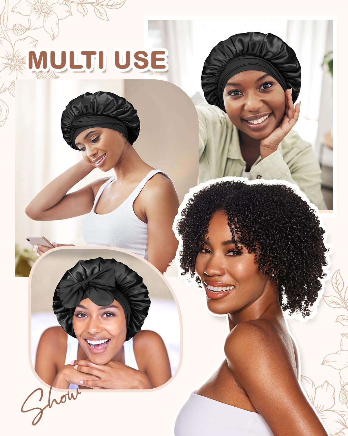 BONNET QUEEN - Bonnet Satin Cheveux Nuit - moyen - ajustable, double couleur, elastique, cheveux bouclés