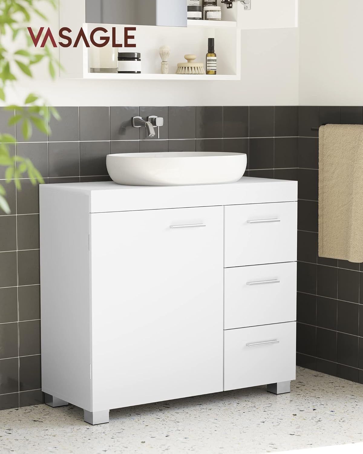 VASAGLE - meuble sous lavabo 70x30x64 cm, 3 tiroirs, blanc, BBK504W01