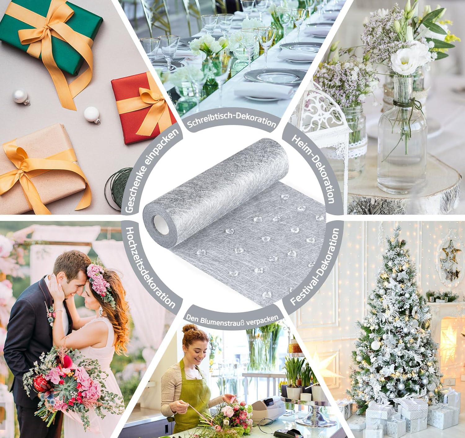 Chemin de table - non-tissé réutilisable 23x300cm - 150 cœurs argenté