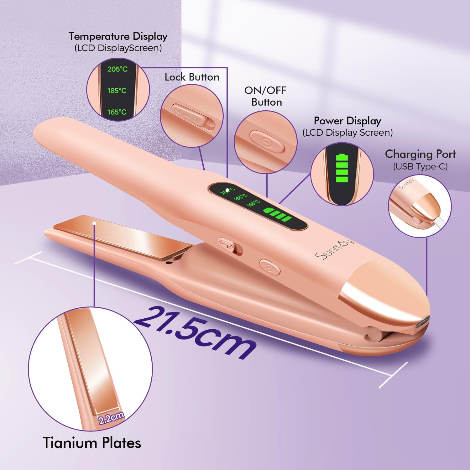 SUNMAY - Voga - mini lisseur sans fil, titane, 3 températures, USB, 5000mAh