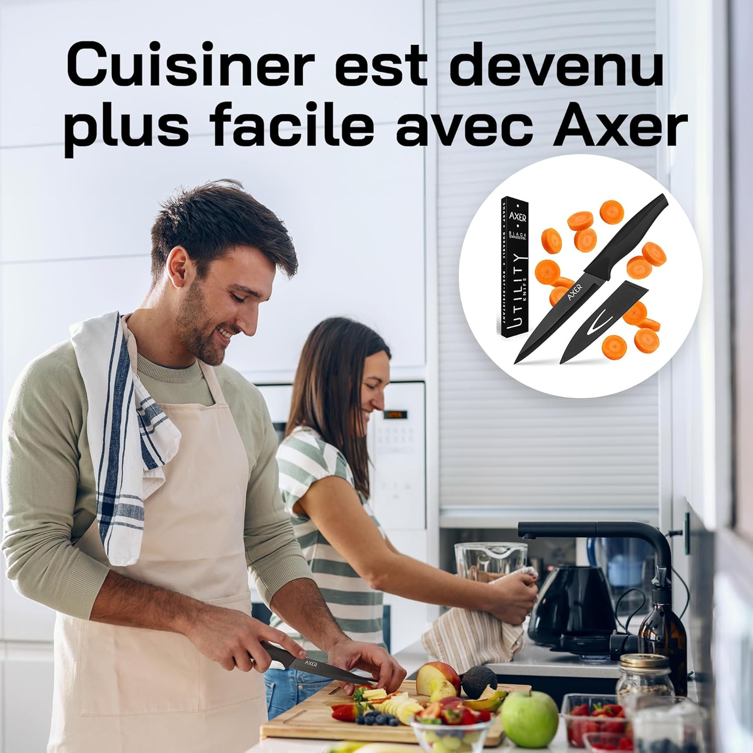 Axer - Couteau Professionnel 12 cm - lame polyvalente fruits, légumes, viande - Manche noir