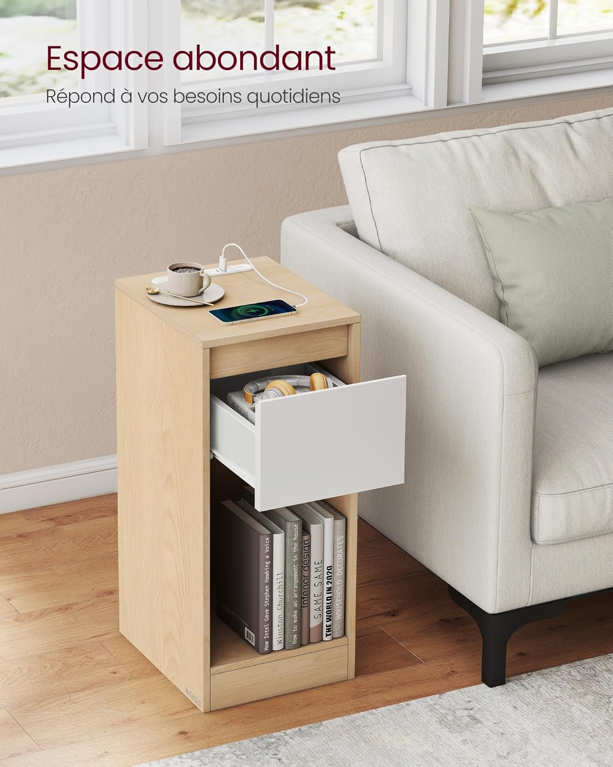 VASAGLE - Lot de 2 tables de chevet LED, tiroirs, ports USB, 40x35x66 cm - LET710Y01