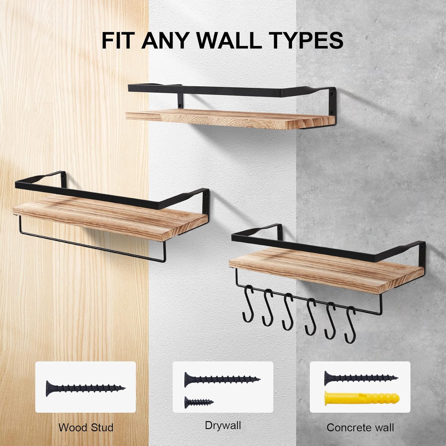 AGM - étagère murale lot de 2 - bois, 40x15cm, 15kg, crochets et porte-serviettes