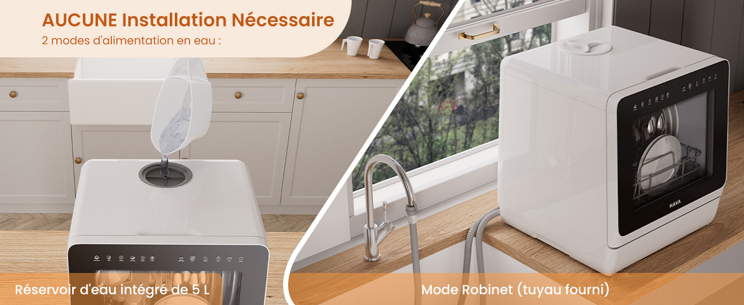 Image divisée montrant un couvercle de boîte à mouchoirs portable et un lave-vaisselle de comptoir compact, démontrant qu'aucune installation n'est requise sur le comptoir de la cuisine