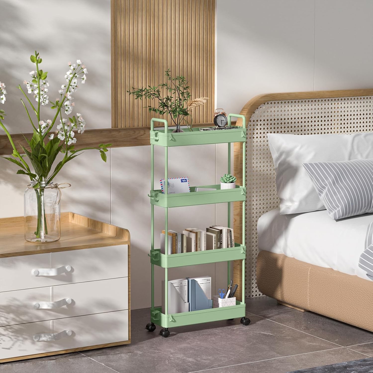 SOLEJAZZ - Chariot de rangement 4 niveaux - plastique vert, à roulettes, compact, pour espaces étroits