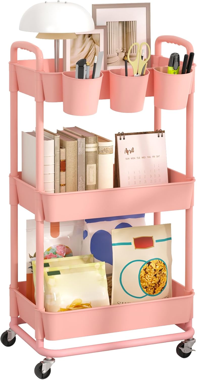 JIUYOTREE - chariot rangement 3 niveaux, roulettes, poignées, gobelets, 78x44x36 cm, rose