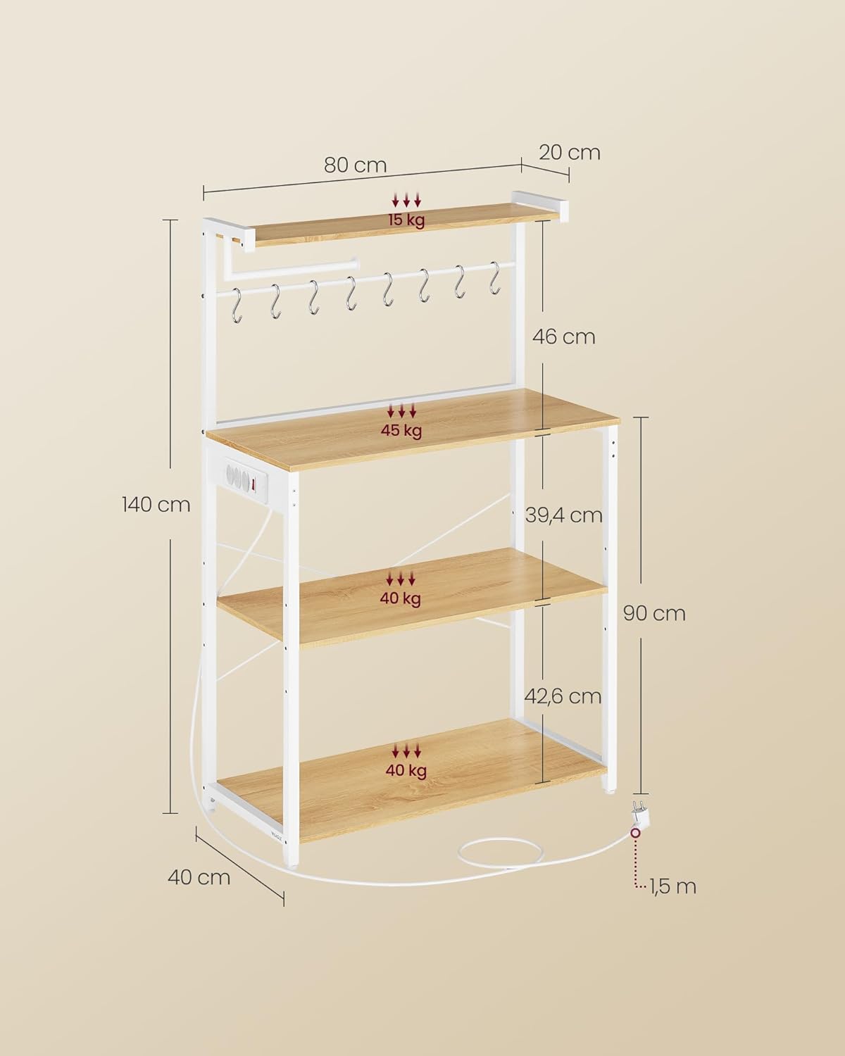 VASAGLE - étagère cuisine 4 niveaux, multiprise, 80x40x140 cm, 8 crochets, KKS029YA02