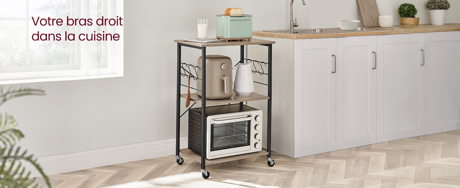 avec cadre en métal noir. L'étagère supérieure peut contenir un four à micro-ondes, l'étagère inférieure pour un rangement supplémentaire ou des appareils électroménagers.