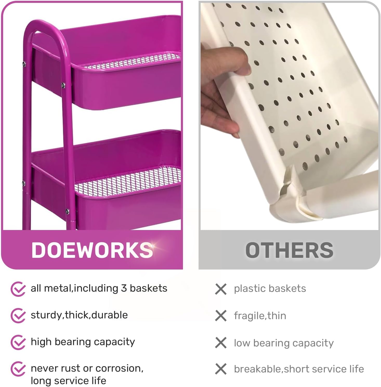 DOEWORKS - chariot rangement 3 niveaux métal roulettes 40x30x86cm, bleu/violet