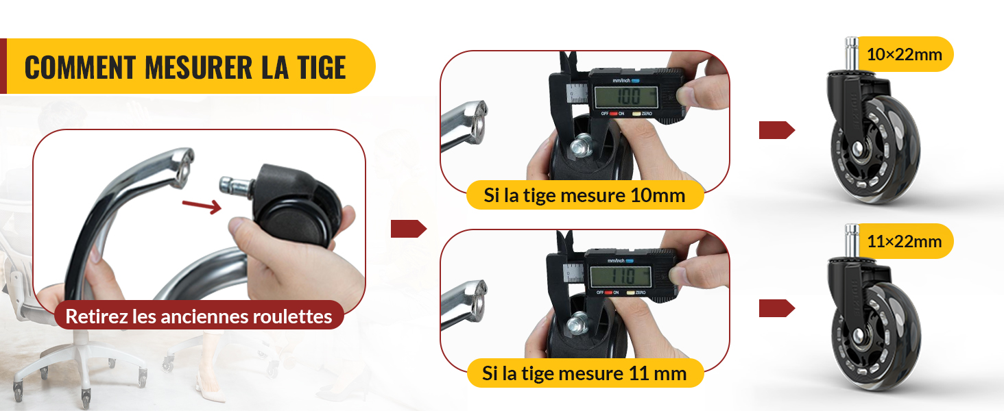 Schéma pédagogique montrant comment mesurer le diamètre de la tige de roue à l'aide d'étriers numériques, avec les tailles de roue correspondantes de 20-22 mm et 15-22 mm
