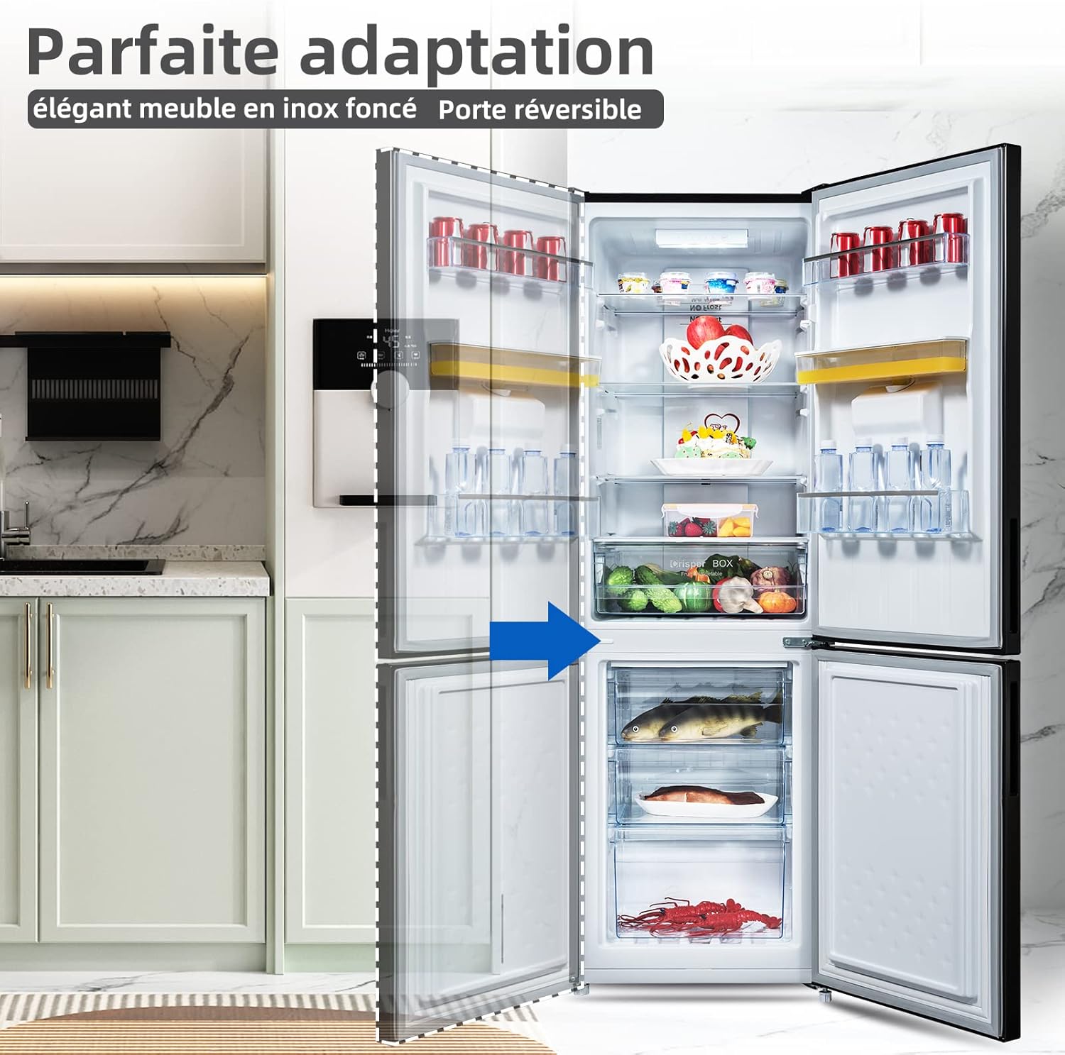 CHIQ - réfrigérateur bas inox noir 231L, No Frost, portes réversibles, FBM228NE4DE