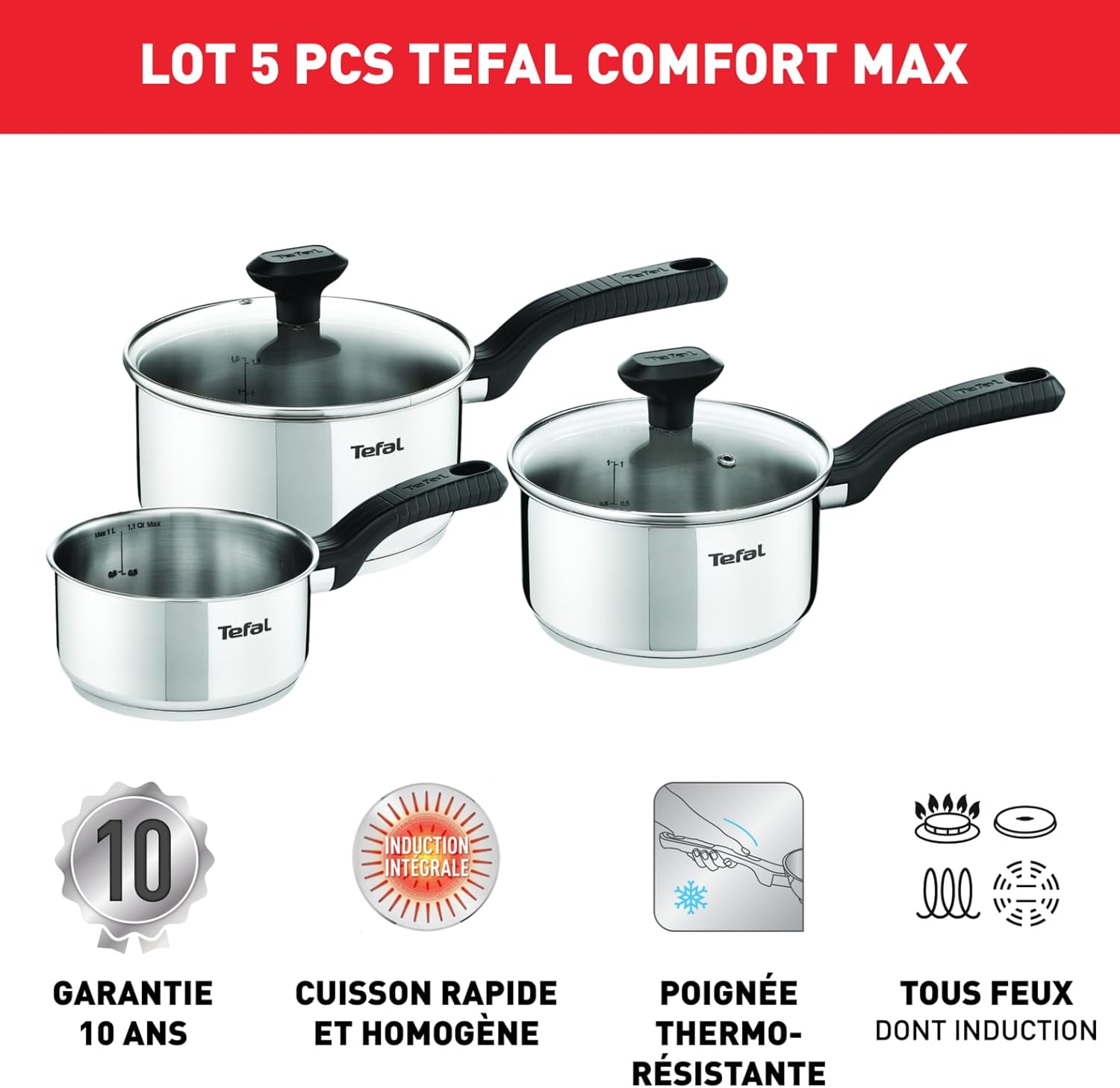 Tefal - Comfort Max - 3 casseroles 14/16/18cm + 2 couvercles, inox, induction, poignées isolées C973S344