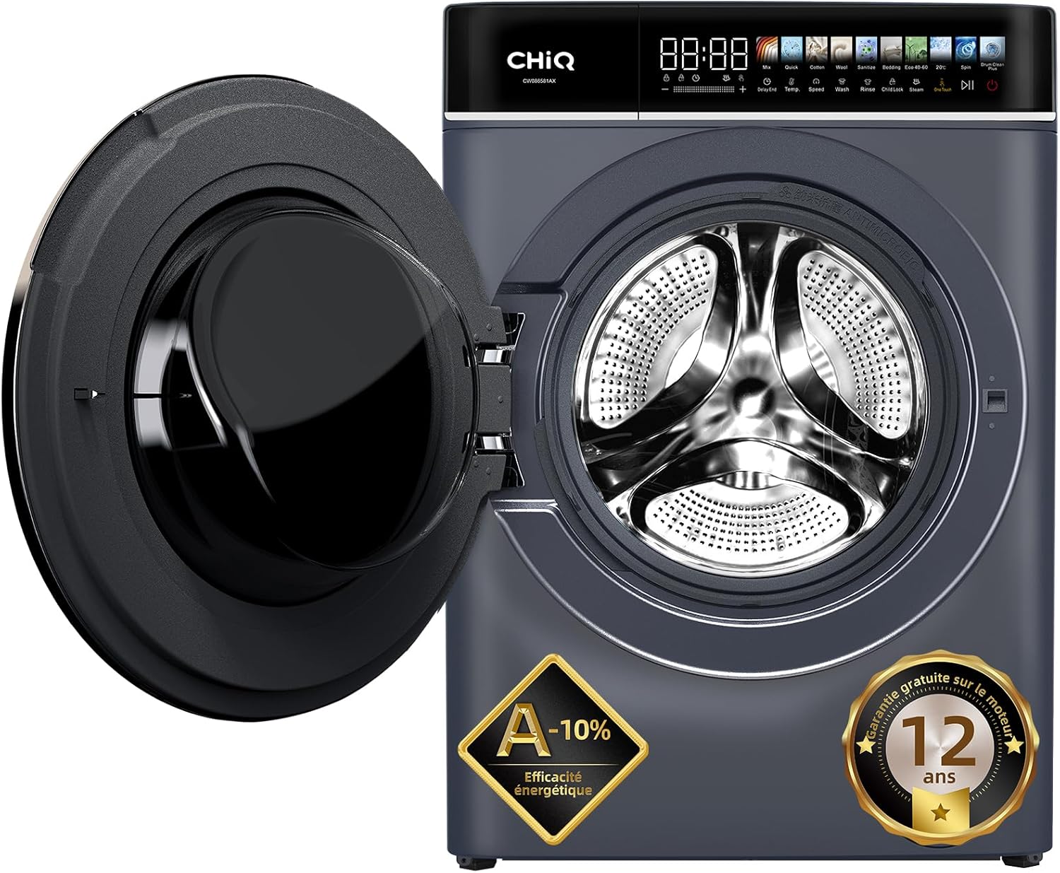 CHiQ - Lave-linge 8kg, écran LED tactile, vapeur, 1400tr/min, CW086581AX