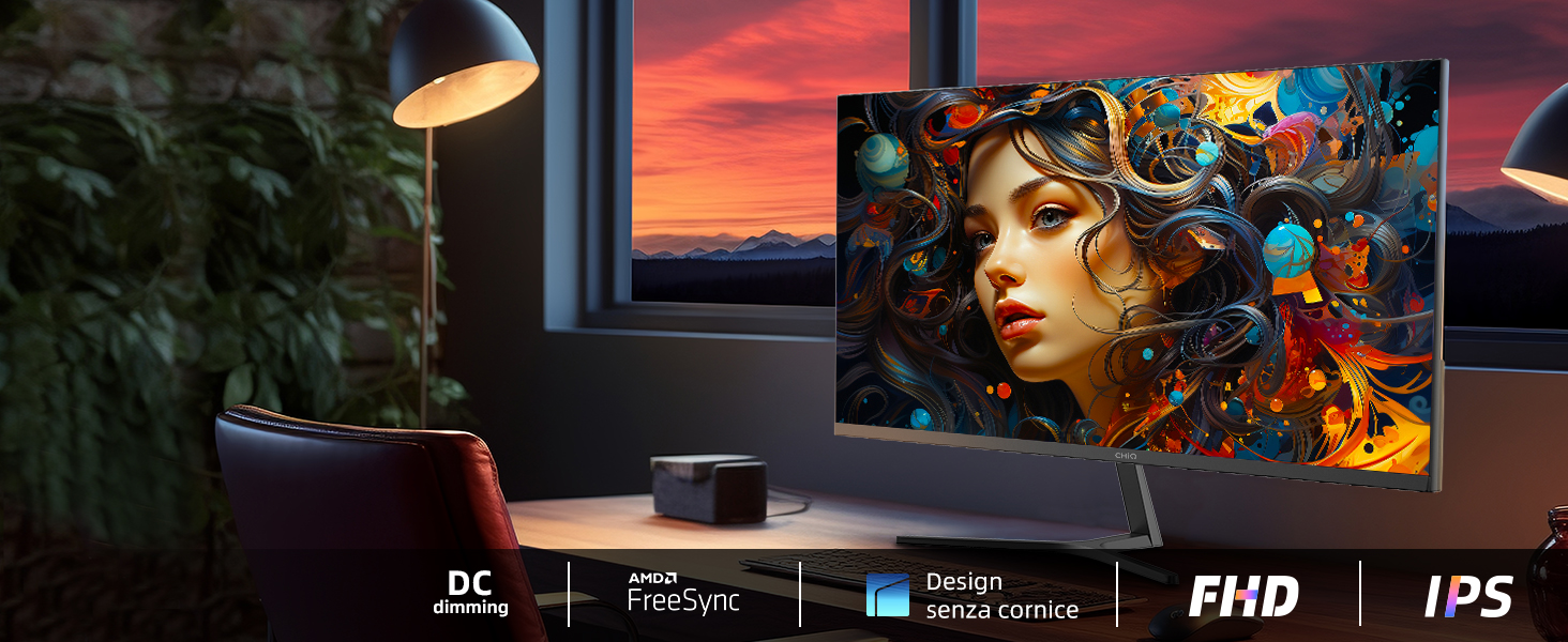 Télévision à écran plat affichant des portraits colorés dans une pièce faiblement éclairée avec vue sur le coucher du soleil. Caractéristiques répertoriées : gradation DC, résolution HDR, IPS et FHD