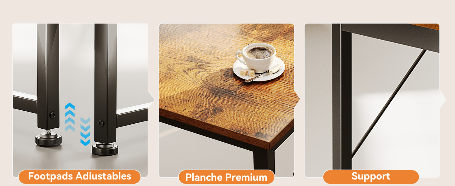 Vitrine de produits à trois panneaux présentant des détails de mobilier ou de quincaillerie avec des éléments en métal foncé et en bois.