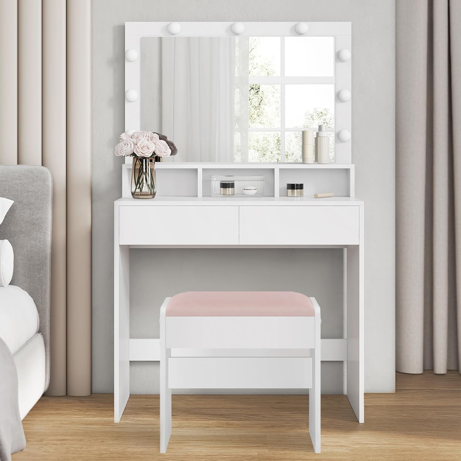 VASAGLE - Kailyn Collection - 80 cm - coiffeuse miroir lumineux, tiroirs, tabouret, RDT720W01