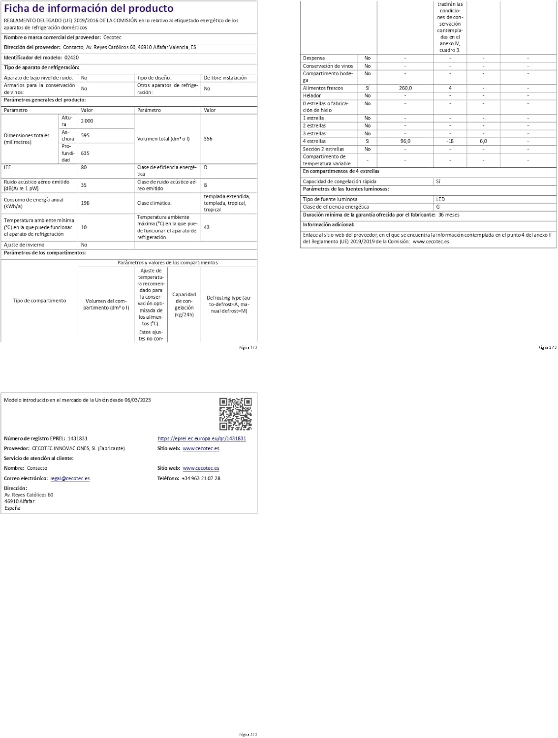 Cecotec - Bolero CoolMarket Combi 356 - 200x60 cm - verre, No Frost, faible conso - 356 White Glass D.