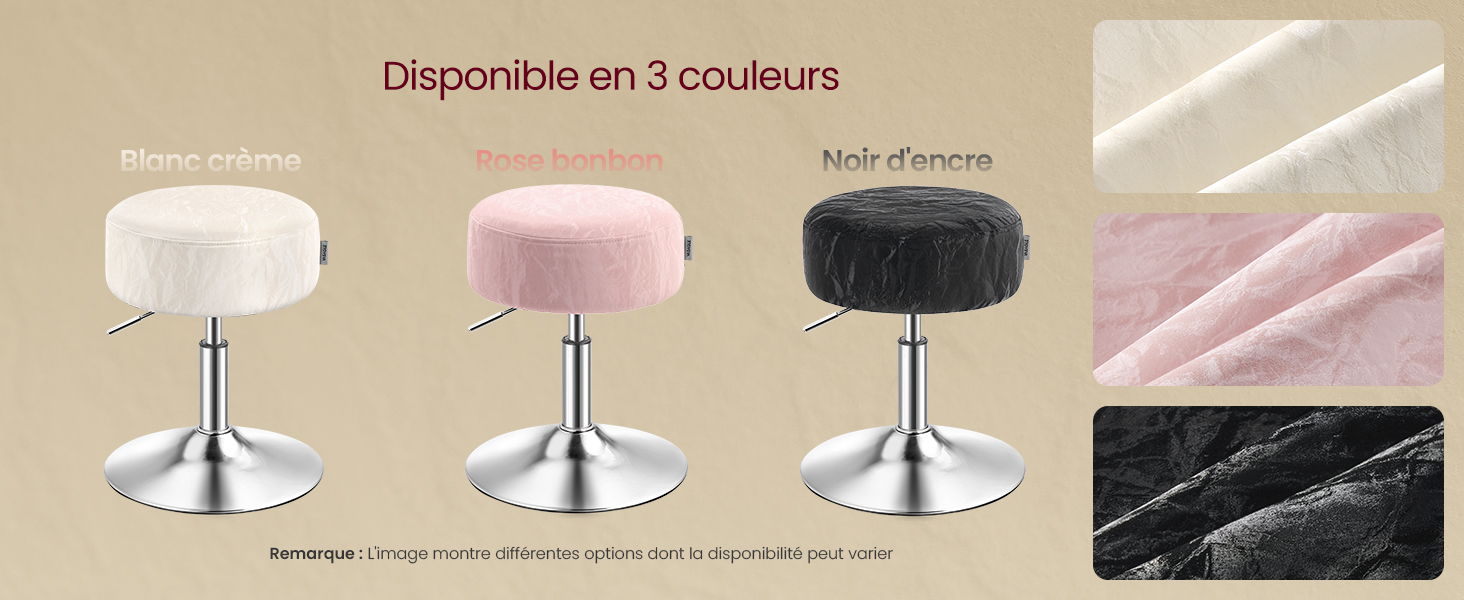 Trois tabourets ronds réglables avec sièges rembourrés dans les couleurs crème, rose et noir. Bases chromées avec repose-pieds circulaires. Les échantillons de tissu présentent des textures de velours et des motifs semblables à du marbre