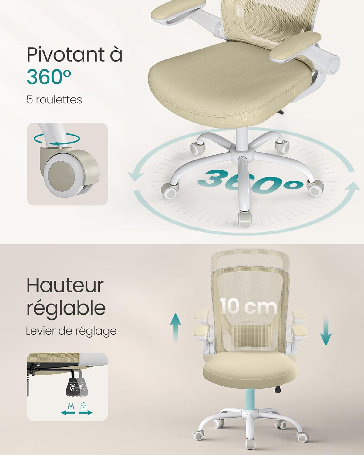 SONGMICS - chaise de bureau ergonomique - 53cm - maille, support lombaire, accoudoirs rabattables, OBN037K02