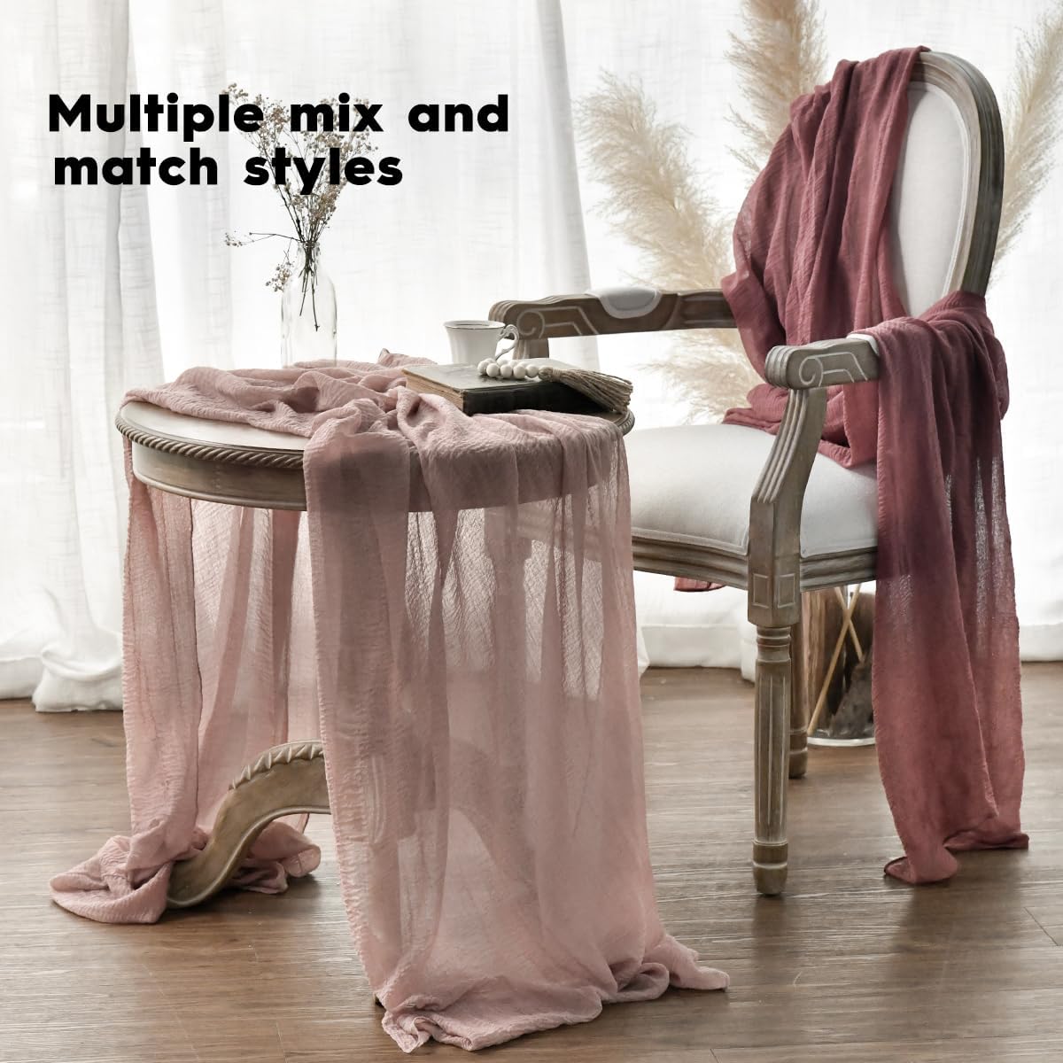 Artoid Mode - Chemin de table bohème - 300 cm - gaze mousseline, rose dusty