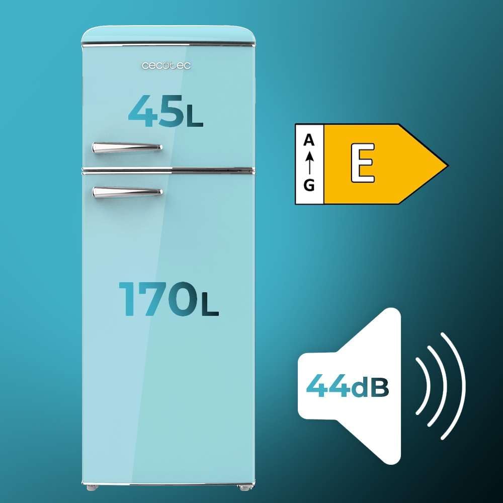 Cecotec - Bolero CoolMarket 2D Origin - 148,2x55,2 cm - rétro, 215 L, LED, poignée chromée, étagères verre