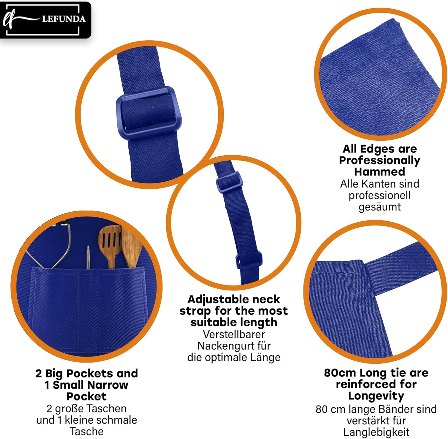 LEFUNDA - tablier cuisine 3 poches, étanche, réglable, longues lanières