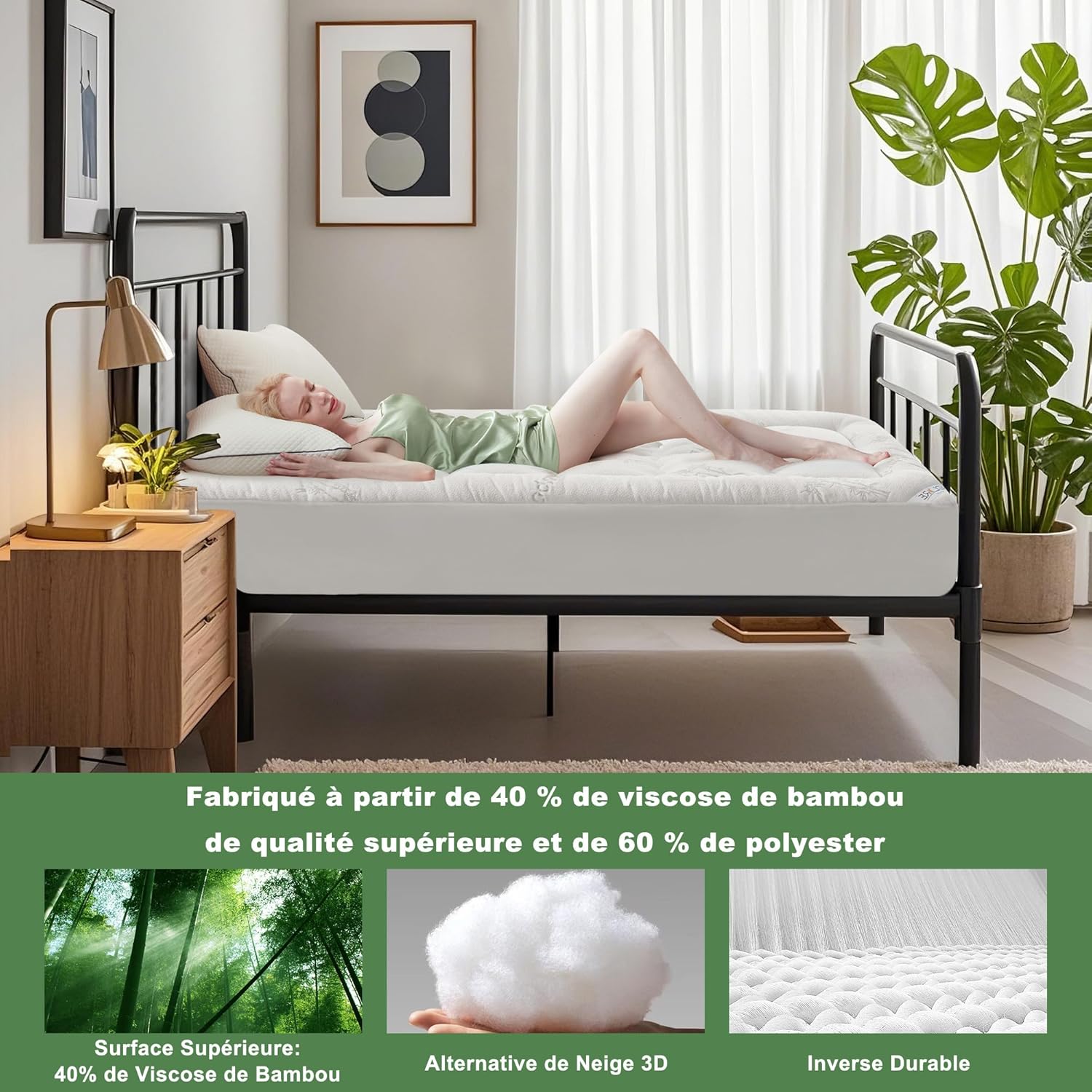 BEDLORE - surmatelas matelassé - 160x200 cm - bambou respirant, bonnet 40 cm