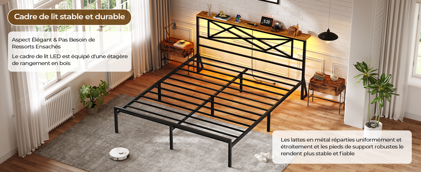 Cadre de lit moderne de style industriel avec tête de lit en métal à motif géométrique, illustré dans le décor d'une chambre à coucher avec