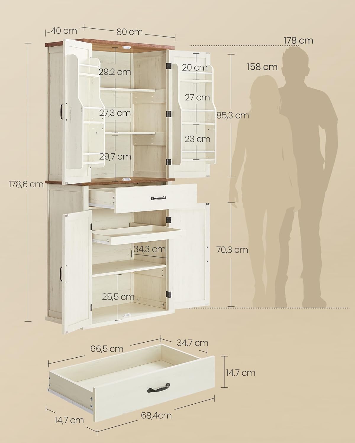 VASAGLE - Buffet haut cuisine rustique, 178,6 cm, tiroir, vaisselier, BBK364W02