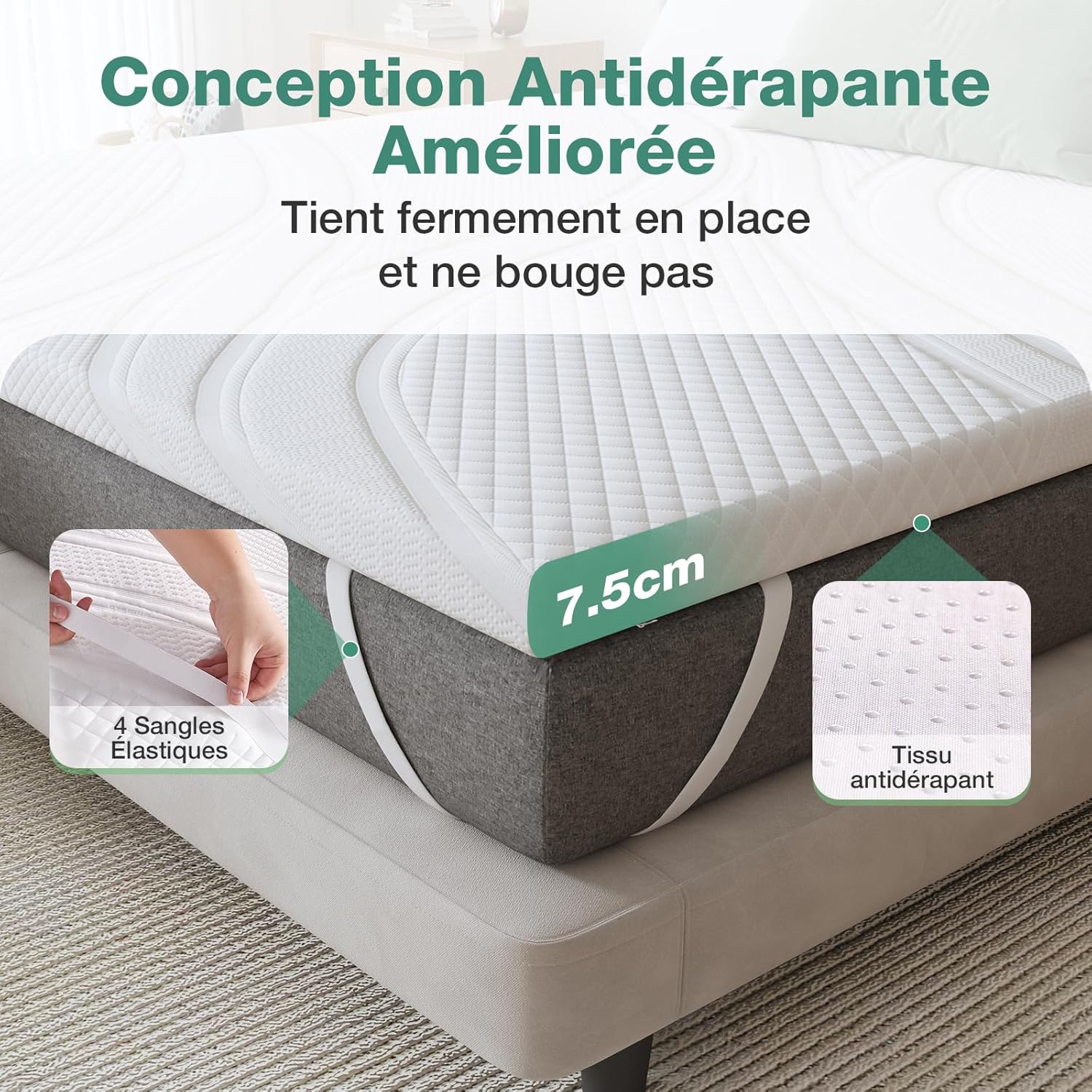 Novilla - Surmatelas Gel Mémoire, 160x200, 7.5cm, confort et anti-dérapant